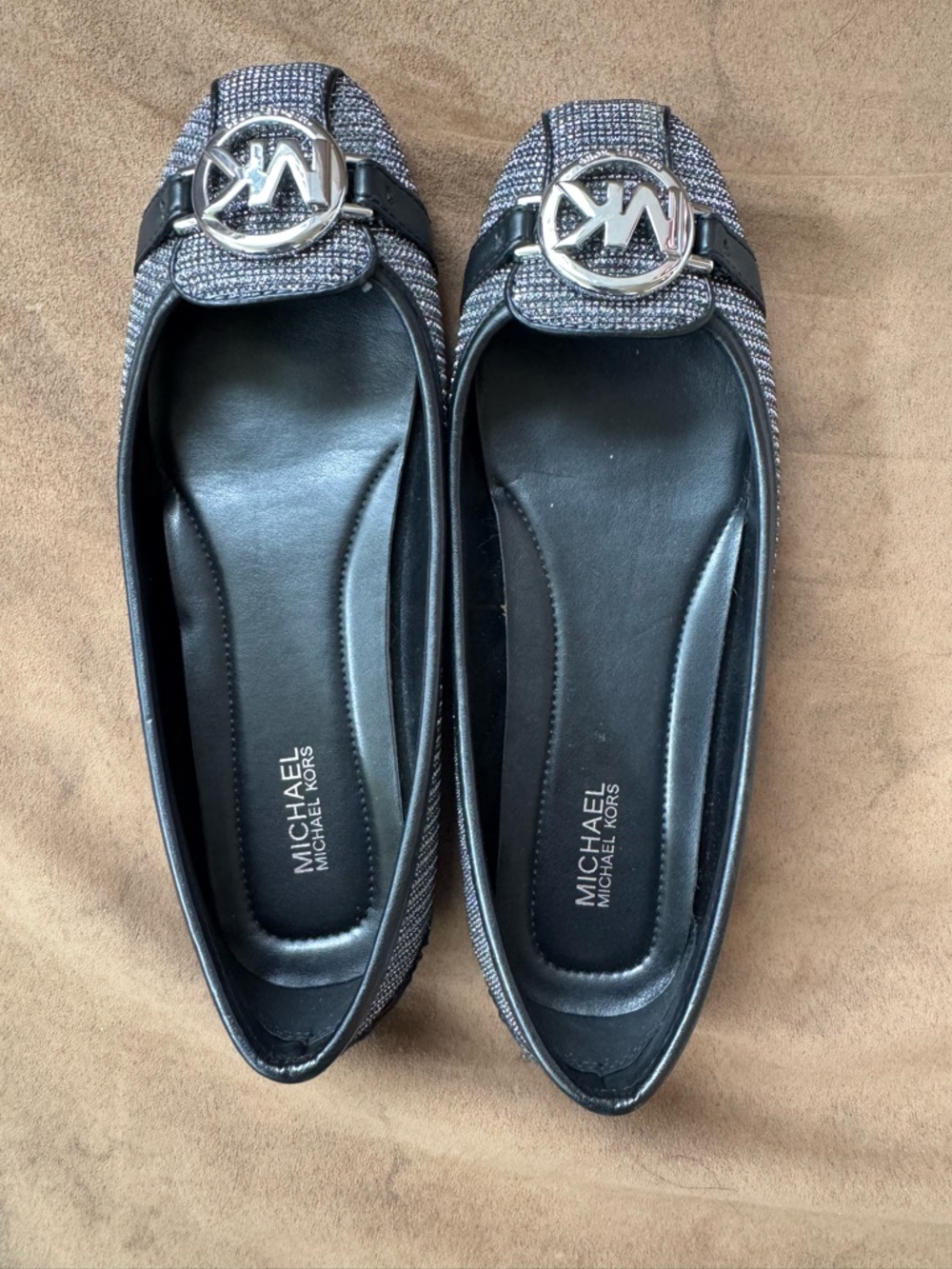 Michael Kors Black and Silver Tweed Logo Ballet Flats
